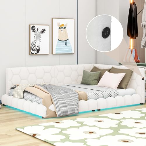 Lostcat Full Daybed with USB Ports, Upholstered Daybed Bed Frame with USB Ports, Solid Wood Daybed, Full Size Platform Bed Frame, Teddy Fleece Daybed for Bedroom Furniture, Livingroom, White - Lostcat