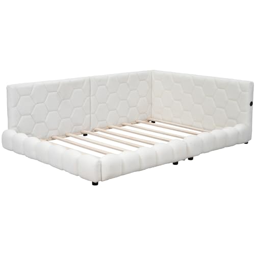 Lostcat Full Daybed with USB Ports, Upholstered Daybed Bed Frame with USB Ports, Solid Wood Daybed, Full Size Platform Bed Frame, Teddy Fleece Daybed for Bedroom Furniture, Livingroom, White - Lostcat