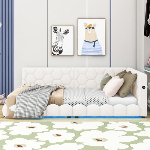 Lostcat Full Daybed with USB Ports, Upholstered Daybed Bed Frame with USB Ports, Solid Wood Daybed, Full Size Platform Bed Frame, Teddy Fleece Daybed for Bedroom Furniture, Livingroom, White - Lostcat