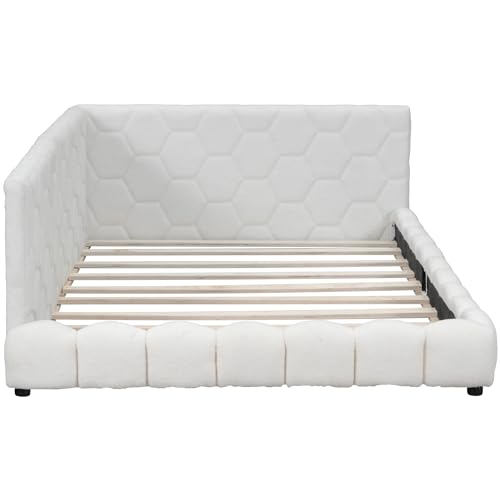 Lostcat Full Daybed with USB Ports, Upholstered Daybed Bed Frame with USB Ports, Solid Wood Daybed, Full Size Platform Bed Frame, Teddy Fleece Daybed for Bedroom Furniture, Livingroom, White - Lostcat