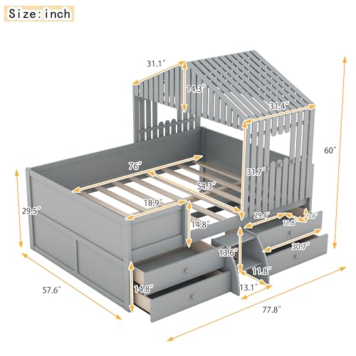 Lostcat, Full, Grey-Low Loft Bed w/ 4 Drawers - Lostcat