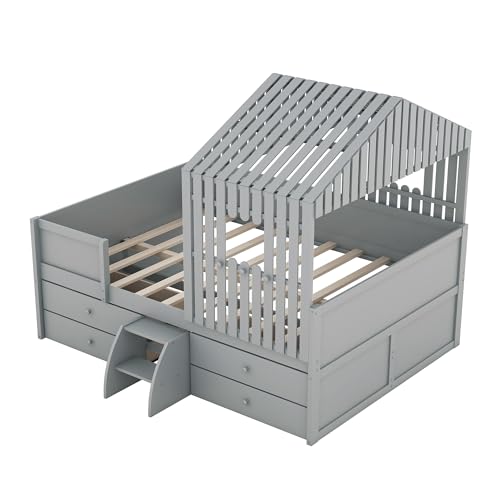 Lostcat, Full, Grey-Low Loft Bed w/ 4 Drawers - Lostcat