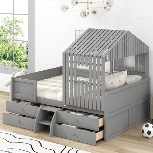 Lostcat, Full, Grey-Low Loft Bed w/ 4 Drawers - Lostcat