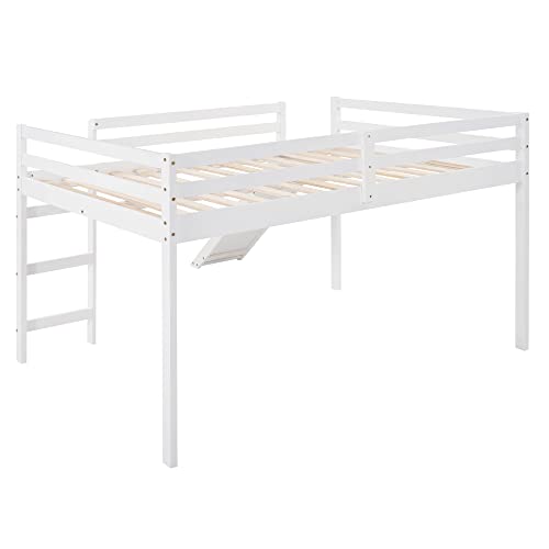 Lostcat Full Loft Beds with Slide, Kids Loft Bed with Slide, Wood Full Size Low Loft Bed with Slide and Ladder, Wood Low Loft Bed Frame with Ladder, Wooden Child Bed Frame for Boys Girls, White - Lostcat