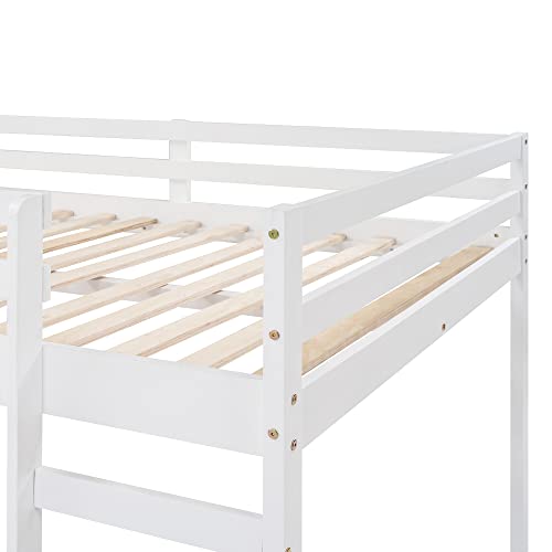 Lostcat Full Loft Beds with Slide, Kids Loft Bed with Slide, Wood Full Size Low Loft Bed with Slide and Ladder, Wood Low Loft Bed Frame with Ladder, Wooden Child Bed Frame for Boys Girls, White - Lostcat