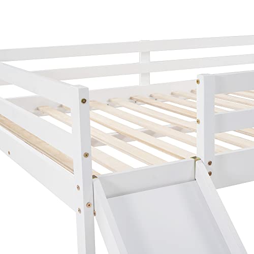 Lostcat Full Loft Beds with Slide, Kids Loft Bed with Slide, Wood Full Size Low Loft Bed with Slide and Ladder, Wood Low Loft Bed Frame with Ladder, Wooden Child Bed Frame for Boys Girls, White - Lostcat