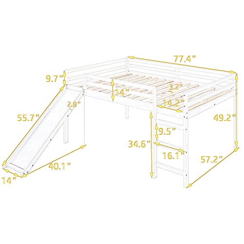 Lostcat Full Loft Beds with Slide, Kids Loft Bed with Slide, Wood Full Size Low Loft Bed with Slide and Ladder, Wood Low Loft Bed Frame with Ladder, Wooden Child Bed Frame for Boys Girls, White - Lostcat