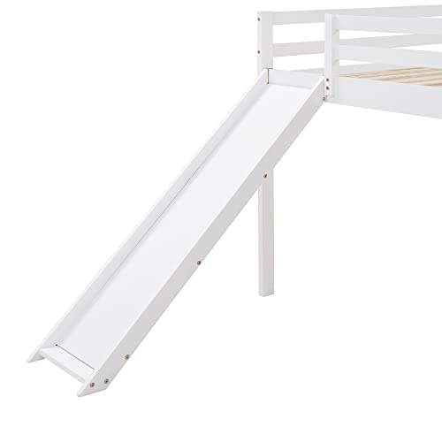 Lostcat Full Loft Beds with Slide, Kids Loft Bed with Slide, Wood Full Size Low Loft Bed with Slide and Ladder, Wood Low Loft Bed Frame with Ladder, Wooden Child Bed Frame for Boys Girls, White - Lostcat