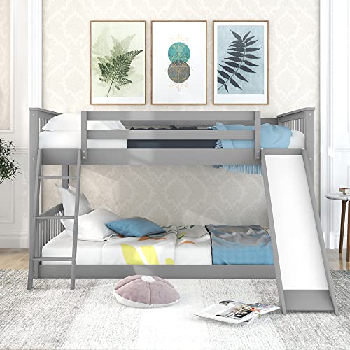 Lostcat Full Over Full Bunk Bed with Convertible Slide and Ladder,Solid Pinewood Frame, Low Bunk Bed w/Safety Guardrails,Suitable for Kids/Teen,No Box Spring Needed,Grey - Lostcat