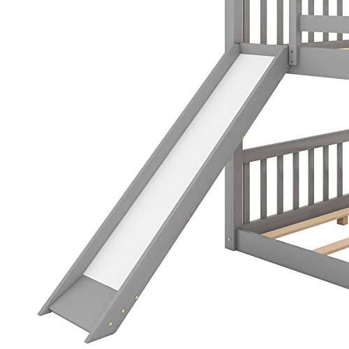 Lostcat Full Over Full Bunk Bed with Convertible Slide and Ladder,Solid Pinewood Frame, Low Bunk Bed w/Safety Guardrails,Suitable for Kids/Teen,No Box Spring Needed,Grey - Lostcat