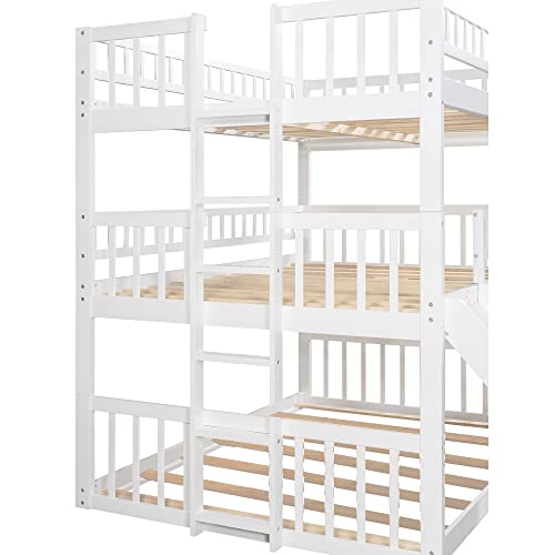 Lostcat Full Over Full Over Full Triple Bunk Bed with Slide and Ladder,Solid Wood Bedframe w/Safety Guardrails,Can be Separated,No Box Spring Needed,for Boys/Girls/Kids,White - Lostcat
