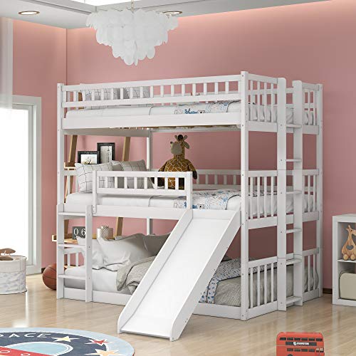 Lostcat Full Over Full Over Full Triple Bunk Bed with Slide and Ladder,Solid Wood Bedframe w/Safety Guardrails,Can be Separated,No Box Spring Needed,for Boys/Girls/Kids,White - Lostcat