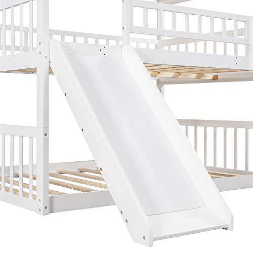 Lostcat Full Over Full Over Full Triple Bunk Bed with Slide and Ladder,Solid Wood Bedframe w/Safety Guardrails,Can be Separated,No Box Spring Needed,for Boys/Girls/Kids,White - Lostcat