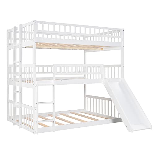 Lostcat Full Over Full Over Full Triple Bunk Bed with Slide and Ladder,Solid Wood Bedframe w/Safety Guardrails,Can be Separated,No Box Spring Needed,for Boys/Girls/Kids,White - Lostcat