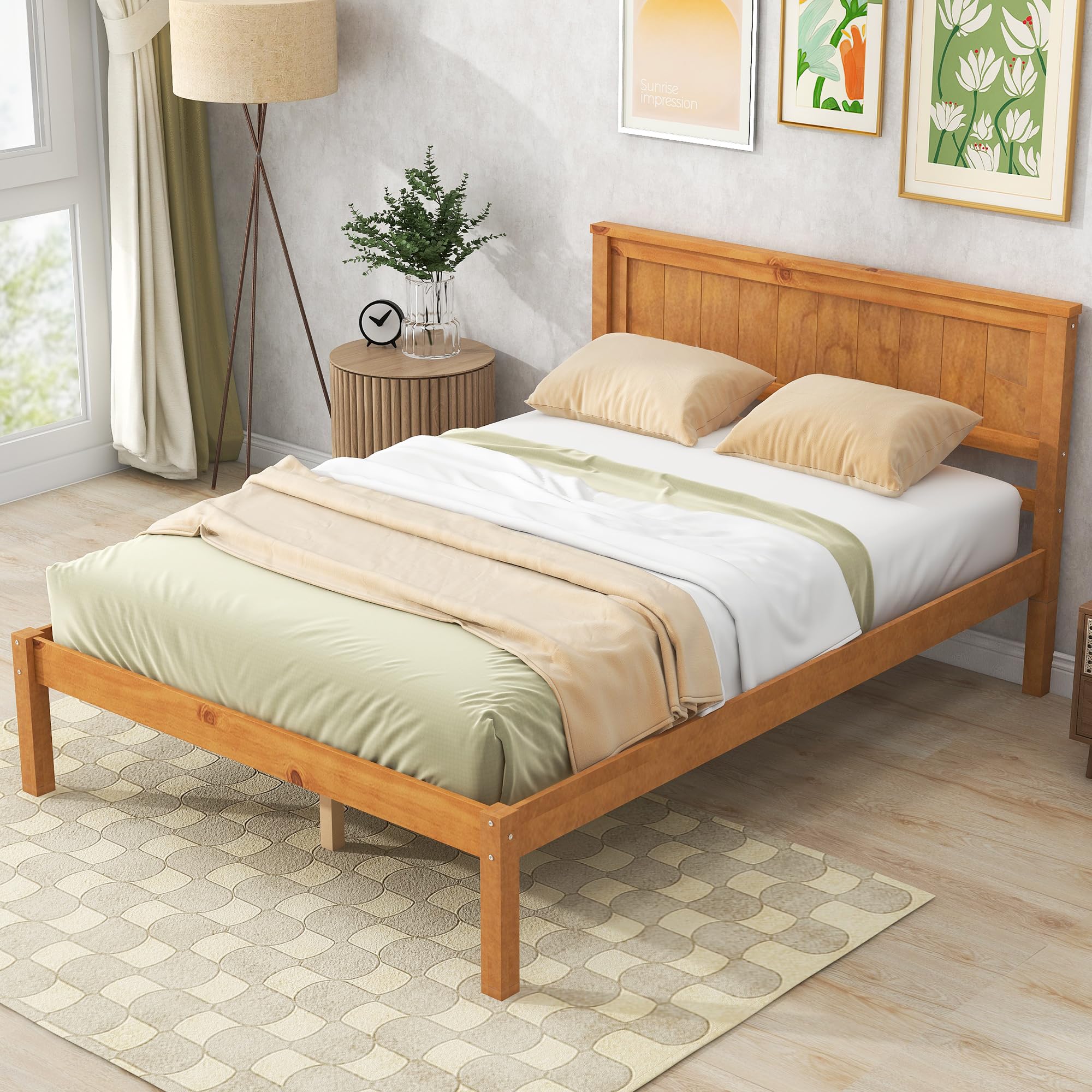 Lostcat Full Size Bed Frame with Headboard, Wood Platform Bed for Boys Girls Teens Adults, Wood Slat Support, No Box Spring Needed/Easy Assembly, Oak - Lostcat