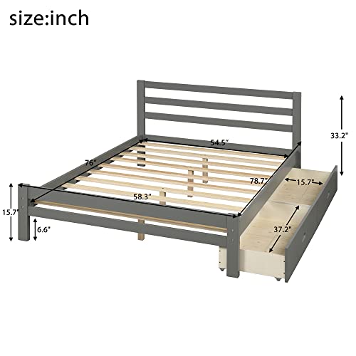 Lostcat Full Size Bed Frame with Storage and Headboard,Wood Slats Support,Solid Pinewood Bedframe, No Box Spring Needed,for Boys/Girls/Adult Bedroom,Gray - Lostcat