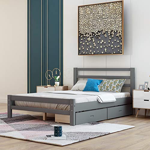 Lostcat Full Size Bed Frame with Storage and Headboard,Wood Slats Support,Solid Pinewood Bedframe, No Box Spring Needed,for Boys/Girls/Adult Bedroom,Gray - Lostcat