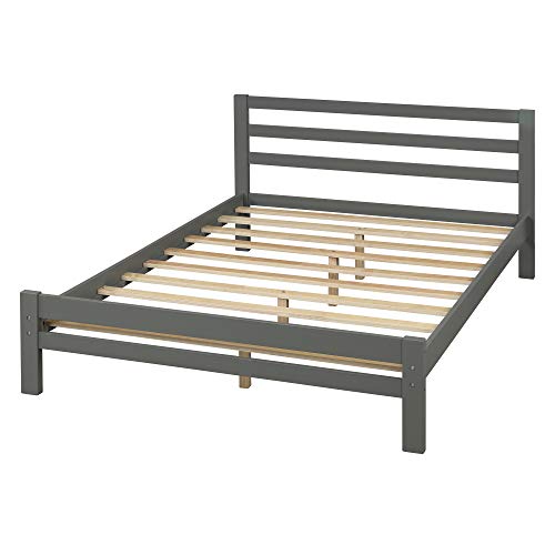 Lostcat Full Size Bed Frame with Storage and Headboard,Wood Slats Support,Solid Pinewood Bedframe, No Box Spring Needed,for Boys/Girls/Adult Bedroom,Gray - Lostcat