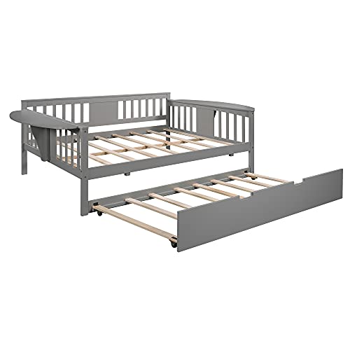 Lostcat Full Size Daybed with Twin Size Trundle, Full Wood Daybed Bed Frame, Wood DayBed Sofa Bed Frame, Wood Slat Support for Bedroom, Dorm, Guest Room,No Box Spring Required, Grey - Lostcat