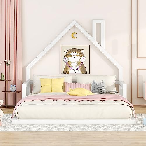 Lostcat Full Size Floor Bed Frame with House Shaped Headboard