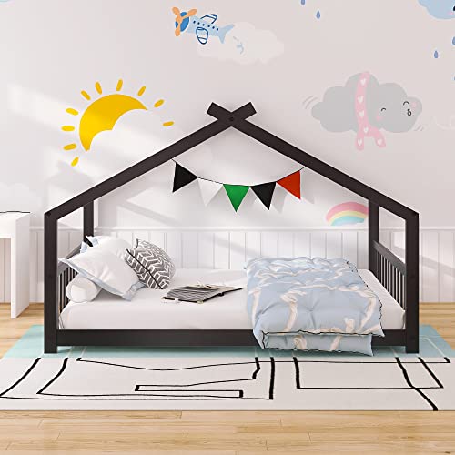 Lostcat Full Size House Bed Frame, Wood House Floor Bed Frame with Headboard and Footboard for Kids,Boys,Girls,Teens, No Box Spring Needed, Easy Assembly, Espresso - Lostcat