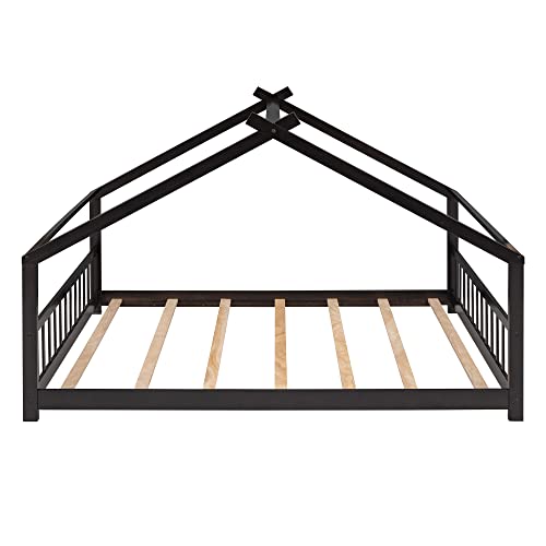 Lostcat Full Size House Bed Frame, Wood House Floor Bed Frame with Headboard and Footboard for Kids,Boys,Girls,Teens, No Box Spring Needed, Easy Assembly, Espresso - Lostcat