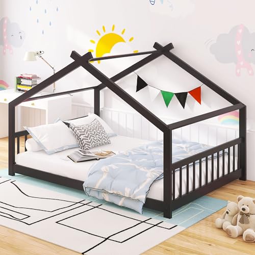 Lostcat Full Size House Bed Frame, Wood House Floor Bed Frame with Headboard and Footboard for Kids,Boys,Girls,Teens, No Box Spring Needed, Easy Assembly, Espresso - Lostcat