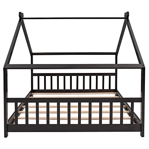 Lostcat Full Size House Bed Frame, Wood House Floor Bed Frame with Headboard and Footboard for Kids,Boys,Girls,Teens, No Box Spring Needed, Easy Assembly, Espresso - Lostcat