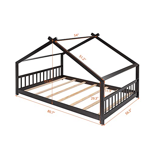 Lostcat Full Size House Bed Frame, Wood House Floor Bed Frame with Headboard and Footboard for Kids,Boys,Girls,Teens, No Box Spring Needed, Easy Assembly, Espresso - Lostcat