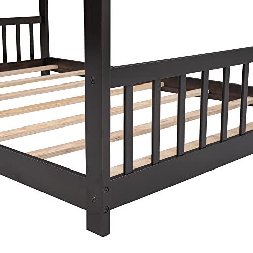 Lostcat Full Size House Bed Frame, Wood House Floor Bed Frame with Headboard and Footboard for Kids,Boys,Girls,Teens, No Box Spring Needed, Easy Assembly, Espresso - Lostcat