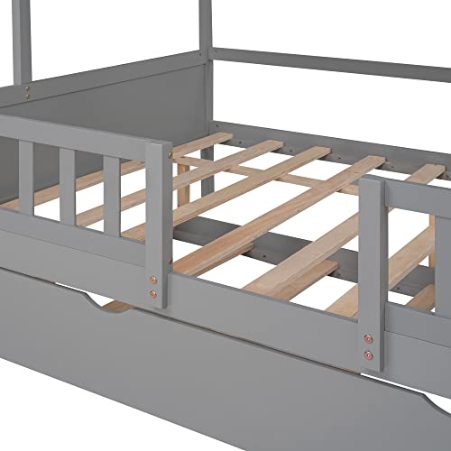 Lostcat Full Size House Bed with Trundle,Solid House Bed Wood Bed with Twin Size Trundle, House Bed Frame with Trundle Bed Full Kids Bed Frame for Kids,Girls and Boys,No Box Spring Need,Grey - Lostcat