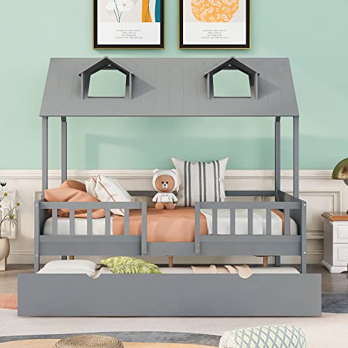 Lostcat Full Size House Bed with Trundle,Solid House Bed Wood Bed with Twin Size Trundle, House Bed Frame with Trundle Bed Full Kids Bed Frame for Kids,Girls and Boys,No Box Spring Need,Grey - Lostcat