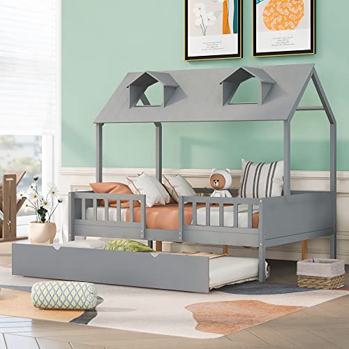 Lostcat Full Size House Bed with Trundle,Solid House Bed Wood Bed with Twin Size Trundle, House Bed Frame with Trundle Bed Full Kids Bed Frame for Kids,Girls and Boys,No Box Spring Need,Grey - Lostcat