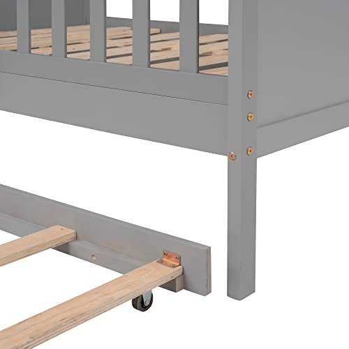 Lostcat Full Size House Bed with Trundle,Solid House Bed Wood Bed with Twin Size Trundle, House Bed Frame with Trundle Bed Full Kids Bed Frame for Kids,Girls and Boys,No Box Spring Need,Grey - Lostcat