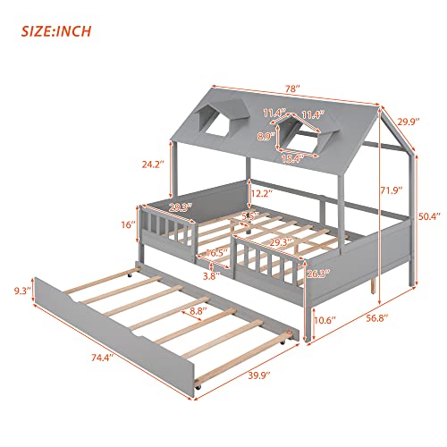 Lostcat Full Size House Bed with Trundle,Solid House Bed Wood Bed with Twin Size Trundle, House Bed Frame with Trundle Bed Full Kids Bed Frame for Kids,Girls and Boys,No Box Spring Need,Grey - Lostcat