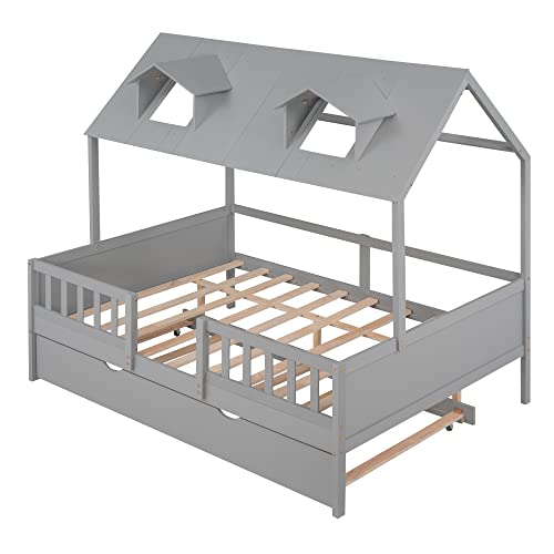 Lostcat Full Size House Bed with Trundle,Solid House Bed Wood Bed with Twin Size Trundle, House Bed Frame with Trundle Bed Full Kids Bed Frame for Kids,Girls and Boys,No Box Spring Need,Grey - Lostcat