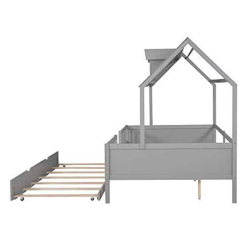 Lostcat Full Size House Bed with Trundle,Solid House Bed Wood Bed with Twin Size Trundle, House Bed Frame with Trundle Bed Full Kids Bed Frame for Kids,Girls and Boys,No Box Spring Need,Grey - Lostcat