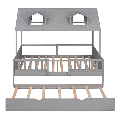 Lostcat Full Size House Bed with Trundle,Solid House Bed Wood Bed with Twin Size Trundle, House Bed Frame with Trundle Bed Full Kids Bed Frame for Kids,Girls and Boys,No Box Spring Need,Grey - Lostcat