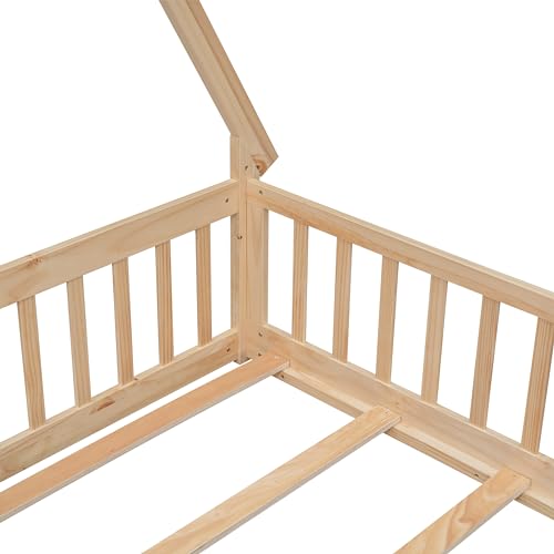 Lostcat Full Size House Floor Bed for Toddlers Kids Girls Boys, Wooden Montessori Floor Bed with Guardrails & Door, Tent-Shaped Floor Bed, Wood Slat Support, Easy Assembly, Natural - Lostcat