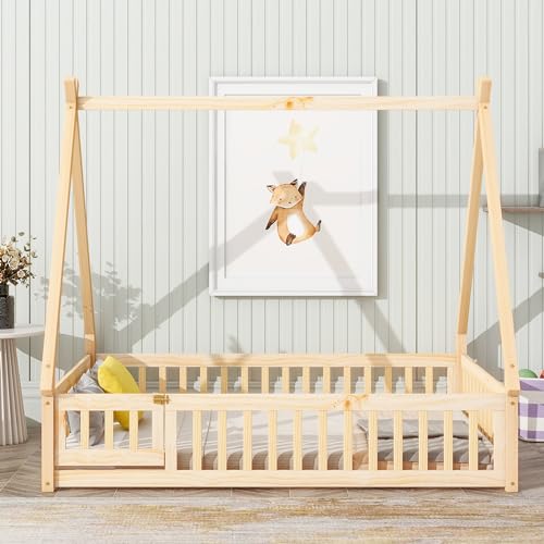 Lostcat Full Size House Floor Bed for Toddlers Kids Girls Boys, Wooden Montessori Floor Bed with Guardrails & Door, Tent-Shaped Floor Bed, Wood Slat Support, Easy Assembly, Natural - Lostcat