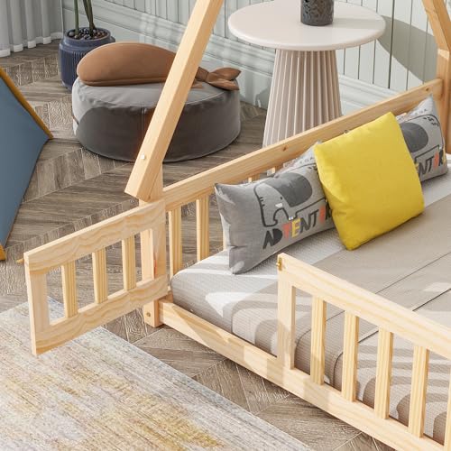 Lostcat Full Size House Floor Bed for Toddlers Kids Girls Boys, Wooden Montessori Floor Bed with Guardrails & Door, Tent-Shaped Floor Bed, Wood Slat Support, Easy Assembly, Natural - Lostcat