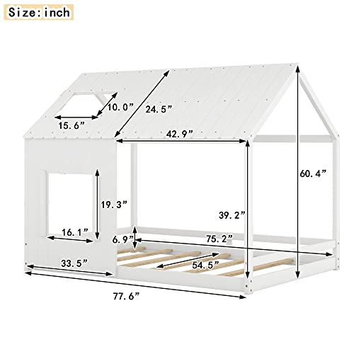 Lostcat Full Size House Floor Bed with Roof and Window,Montessori Floor Bed for Kids Boys Girls,Toddler Floor Bed with Wood Slat Support, White - Lostcat