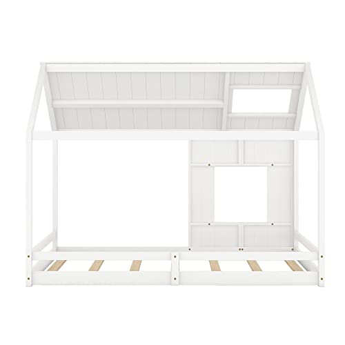 Lostcat Full Size House Floor Bed with Roof and Window,Montessori Floor Bed for Kids Boys Girls,Toddler Floor Bed with Wood Slat Support, White - Lostcat