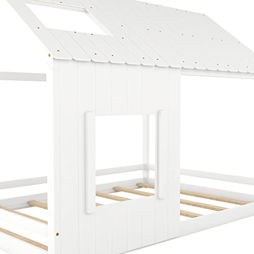 Lostcat Full Size House Floor Bed with Roof and Window,Montessori Floor Bed for Kids Boys Girls,Toddler Floor Bed with Wood Slat Support, White - Lostcat
