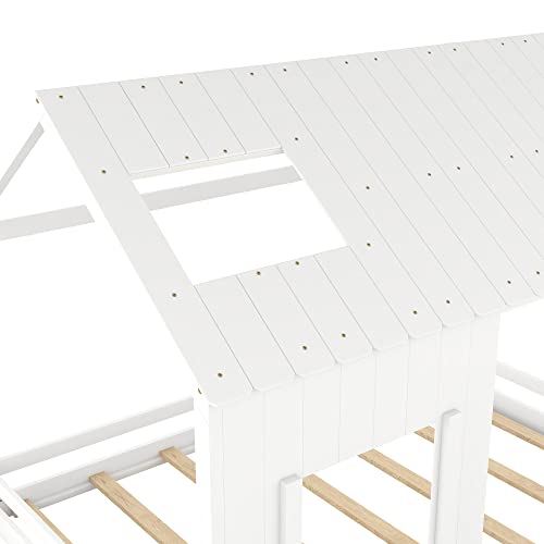 Lostcat Full Size House Floor Bed with Roof and Window,Montessori Floor Bed for Kids Boys Girls,Toddler Floor Bed with Wood Slat Support, White - Lostcat