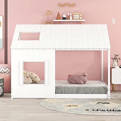 Lostcat Full Size House Floor Bed with Roof and Window,Montessori Floor Bed for Kids Boys Girls,Toddler Floor Bed with Wood Slat Support, White - Lostcat