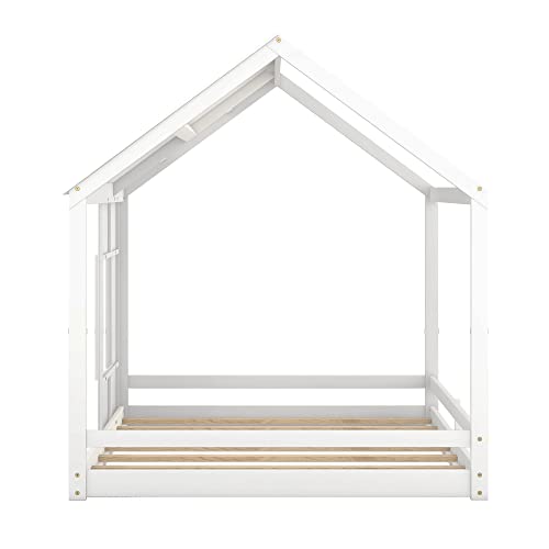 Lostcat Full Size House Floor Bed with Roof and Window,Montessori Floor Bed for Kids Boys Girls,Toddler Floor Bed with Wood Slat Support, White - Lostcat