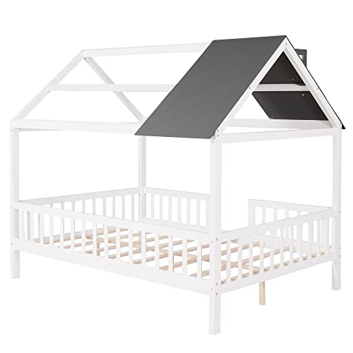 Lostcat Full Size Kids House Bed, Bed House Wood Montessori House Bed Frame with Fence and Rails, House Bed Kids Montessori Beds Playhouse Tent Bed, Wood Platform Bed Frame for Toddlers, White+Grey - Lostcat