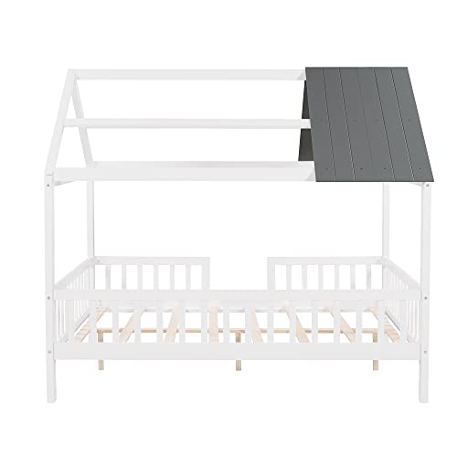 Lostcat Full Size Kids House Bed, Bed House Wood Montessori House Bed Frame with Fence and Rails, House Bed Kids Montessori Beds Playhouse Tent Bed, Wood Platform Bed Frame for Toddlers, White+Grey - Lostcat
