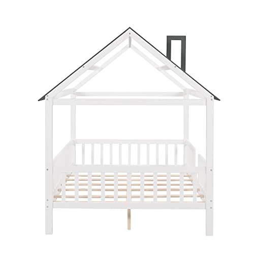 Lostcat Full Size Kids House Bed, Bed House Wood Montessori House Bed Frame with Fence and Rails, House Bed Kids Montessori Beds Playhouse Tent Bed, Wood Platform Bed Frame for Toddlers, White+Grey - Lostcat